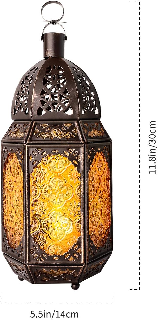 Lewondr Ramadan Lantern Decorations, Glass Moroccan Bookshelf Lantern, Gold | 12 Inch, Portable Candle Holder, Hanging or Tabletop, Metal Hollow-Out Design, Vintage Decorative, for Home Porch Patio Decor