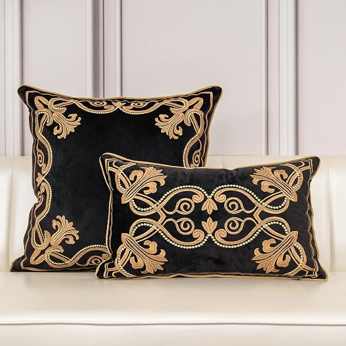 Aeckself European Floral Pillow Cover 12x20 Inch, Luxury Velvet Embroidered Decorative Lumbar Throw Pillow Cover for Couch Bedroom Living Room, Black and Gold