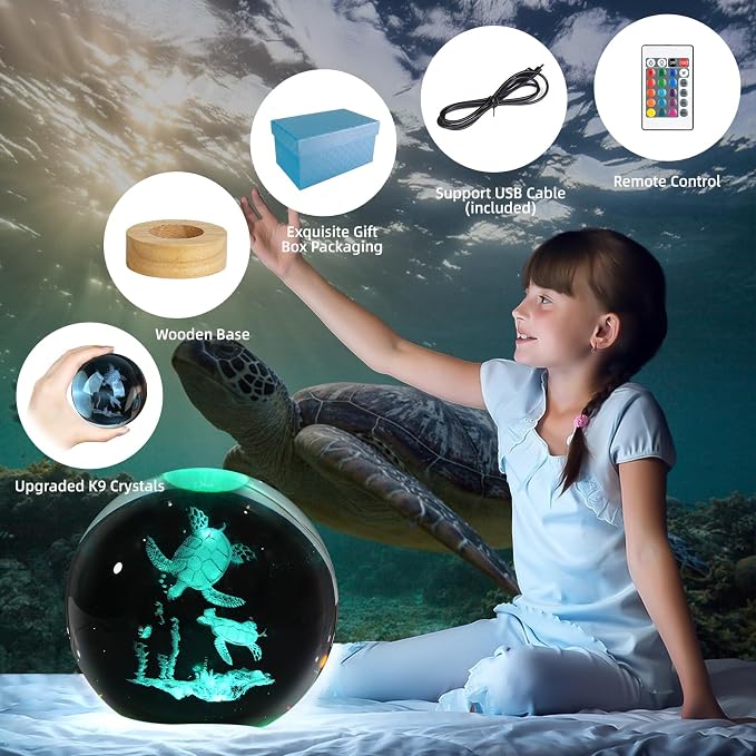 3D Sea Turtles Crystal Ball Night Light, Upgraded 3.15 Inch Glass Ball Lamp with 16 Color LED Wooden Base, Sea Turtles Decor Birthday Holiday Christmas Gifts for Boys Girls Friends