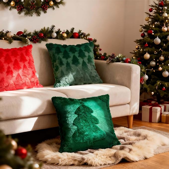 ONFAON Christmas Decorations - Christmas Pillow Covers 18x18 Inch Set of 2 Christmas Tree Decorative Red Soft Plush Faux Fur Throw Pillows Winter Holiday Decor Throw Cushion Case for Home Couch