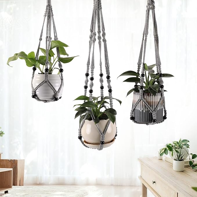 Macrame Plant Hangers with Beads for Indoor and Outdoor, 3 Pack
