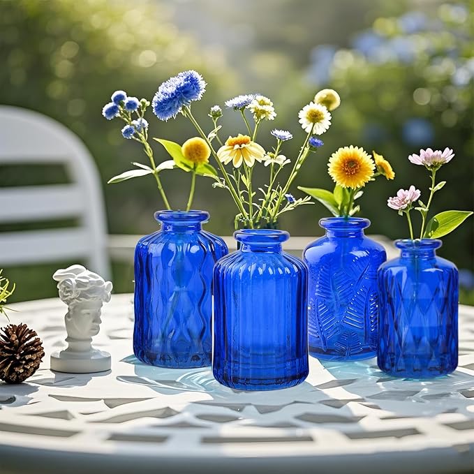 ELEGANTTIME Cobalt Blue Glass Bud Vase Small Flower Vase Mini Bottle with Cork Wire Handle Design for Deco Cafes, Office Table, Home and Garden(Set 5)