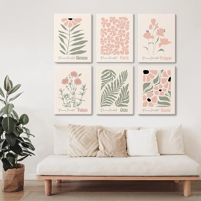 Baccone Boho Botanical Wall Art Prints Blush Pink Canvas Wall Decor Flower Market Wall Art Poster Abstract Aesthetic Pictures Pink Floral Artwork for Room Bedroom Set of 6 12x16 Inch Wrapped Canvas