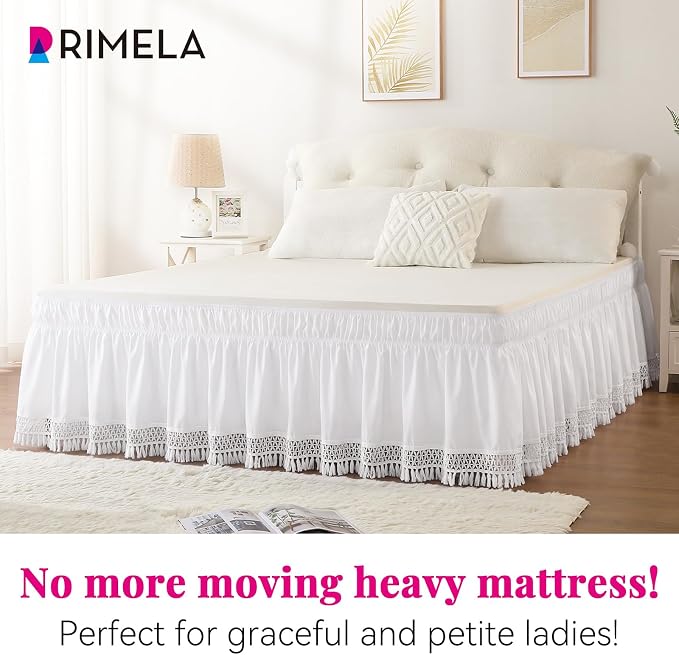 Tassel Trim Bed Skirt Queen 15" Drop, Elastic Wrap Around Bedskirt | Solid Ruffled, Easy to Use, No Mattress Lifting, Wrinkle & Fade Resistant, with Adhesive Strips, Machine Wash/Dry/Iron