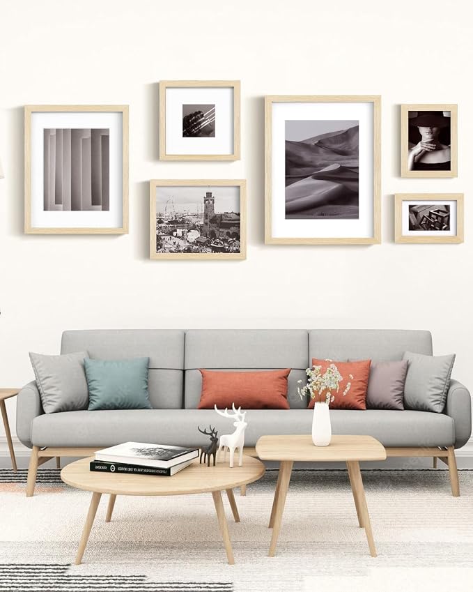 Egofine 6x8 Picture Frames Set of 4, Made of Solid Wood Covered by Plexiglass 4x6 and 5x7 with Mat or 6x8 without Mat, for Table Top Display and Wall Mounting Photo Frame Oak Wood