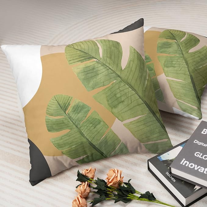 2 Pack Summer Tropical Green Leaves Cushion Covers Banana Palm Tree Pillowcases 22x22 Brown and White Throw Pillow Cover Home Room Decor for Couch Bed
