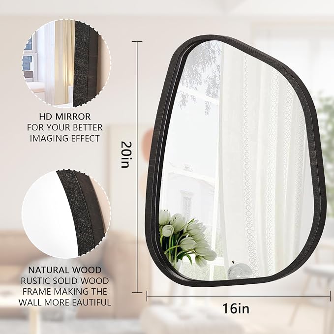 Asymmetrical Mirror Large 20"x16" Irregular Oval Wall Mirror Modern Wood Frame Unique Shape Wall Mounted Vanity Artistic Mirror Decorative for Living Room Bedroom Bathroom Entryway Hallway