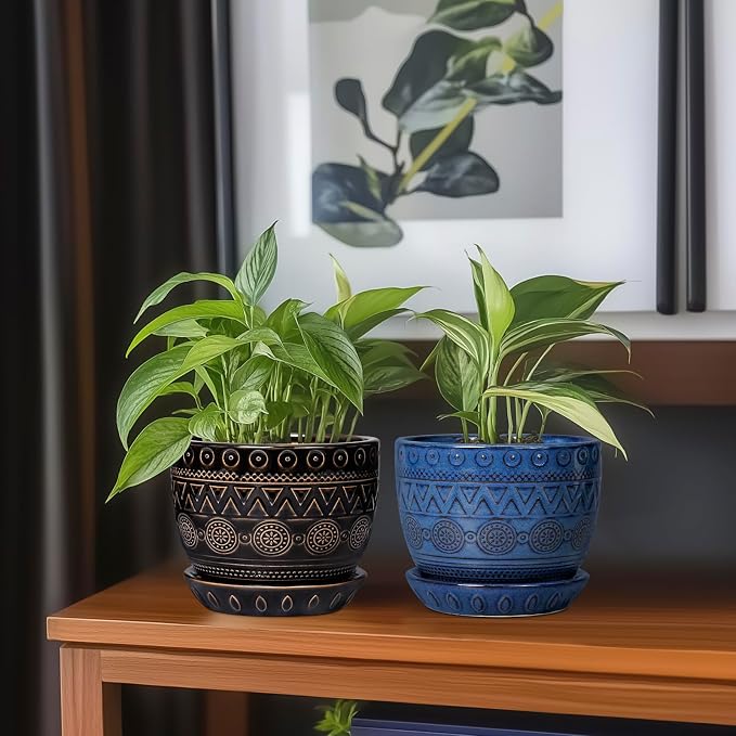 G EPGardening 5.5 Inch Ceramic Planter - Ceramic Plant Pot for Indoor Outdoor Plants, Boho Round Flower Pot with Drainage Hole and Saucer, Gifts for Plant Lovers, Office Garden Home Decor, Black