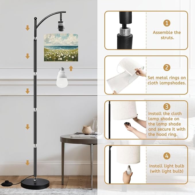 Arc Floor Lamp Farmhouse Boho Beach Coastal Vintage Floral Ocean Daisy Flowers Sea Dimmable Modern Standing Lamp with Remote Adjustable Drum Shade Footswitch Tall Pole Lamp for Living Room Bedroom