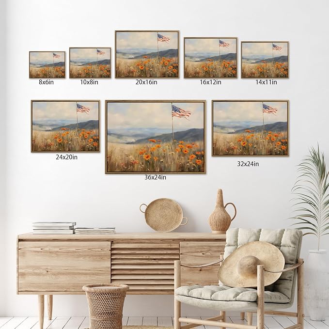 American Flag Framed Canvas Wall Art, 4th of July Patriotic Canvas Prints | Wildflower Meadow Landscape Poster Print, Vintage Rustic Independence Day Wall Decor for Bedroom Living Room 11×14in