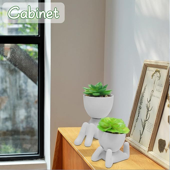 Zerzsy 2 Pack Artificial Plants Succulents with Creative Human Shaped Pots, Office Plant Cute Desk Decor for Women, Fake Succulent Decoration for Home Bathroom Shelf Decor (Grey)