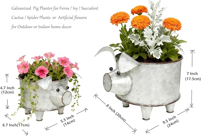 ShabbyDecor Galvanized Metal Pig Succulent Planter, Big and Small