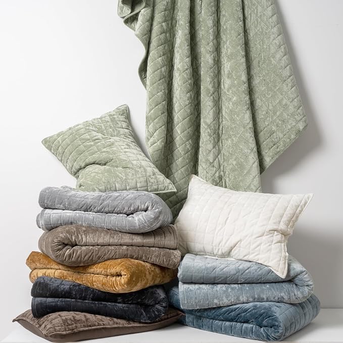 RECYCO Channel Box Stitch Velvet Quilt Set, Full Queen Size, Sage Green | Ultra Soft Lightweight Velvet Comforter, Luxury Oversized Bedspread Coverlet, Quilted Bedding Set for All Season with 2 Shams