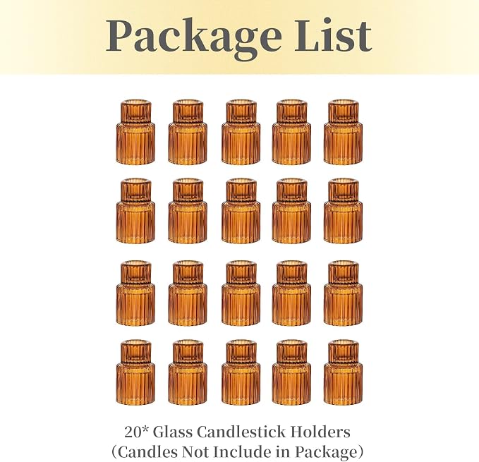 Hewory Glass Candlestick Holders Bulk, 20PCS Amber Taper Candle Holders | For 0.86" Taper Candles, Ribbed, Vintage Candle Sticks Holder Decor, Wedding Table Centerpiece Fall Thanksgiving Home Decor