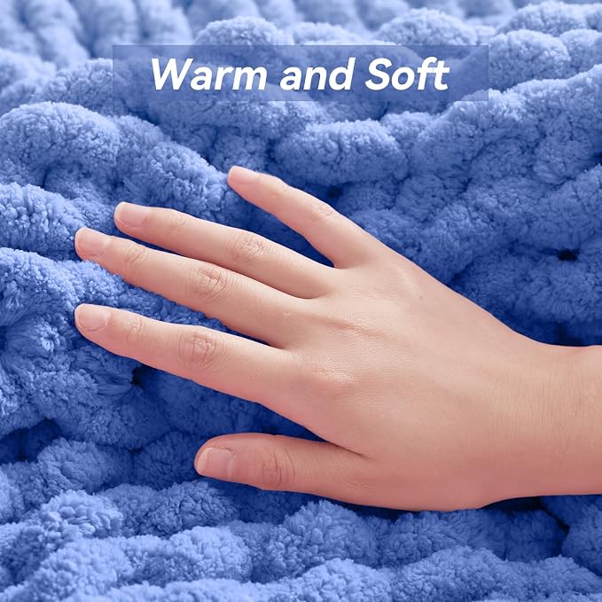Negwoo Chunky Knit Throw Blanket, Knitted Throw Chenille Yarn, 60"*80" | Soft Thick Cable Knitted Blankets, Handmade Big Thick Blanket, Machine Washable Cute Comfy Blanket for Home Decor, Light blue