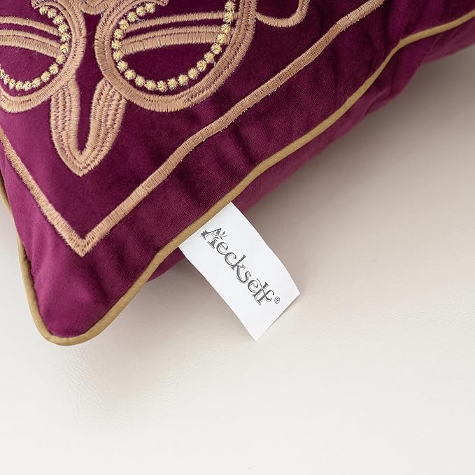 Aeckself Floral Pillow Cover 18x18 Inch, Luxury Velvet Embroidered Decorative Accent Throw Pillow Cover for Couch Bedroom Living Room, Burgundy Red and Gold