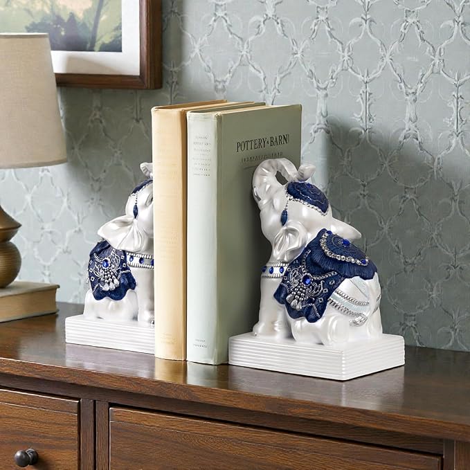 Elephant Bookends for Shelves, Decorative Bookends, Book Holders with Anti-Slip Pad for Book Lovers Heavy Book Stopper for Home Office Decor (Blue&White)