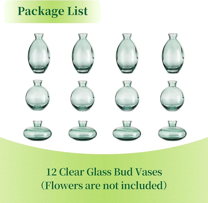 Glass Bud Vases Set of 12, Hewory Cute Green Small Vases Handmade, Mini Glass Flower Vase for Floral Arrangement, Tiny Centerpiece for Home Office Wedding Party Events Table Decor (Not Include Flower)