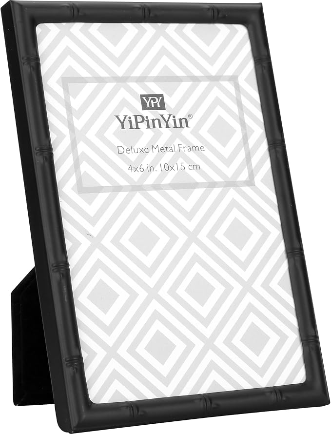 YiPinYin Black 4x6'' Bamboo Detail Design Metal Picture Frame 2pack,Class 6x4'' Metal Photo Frames With Real Glass and Soft Touch Velvet & Backing for Desktop and Wall Décor