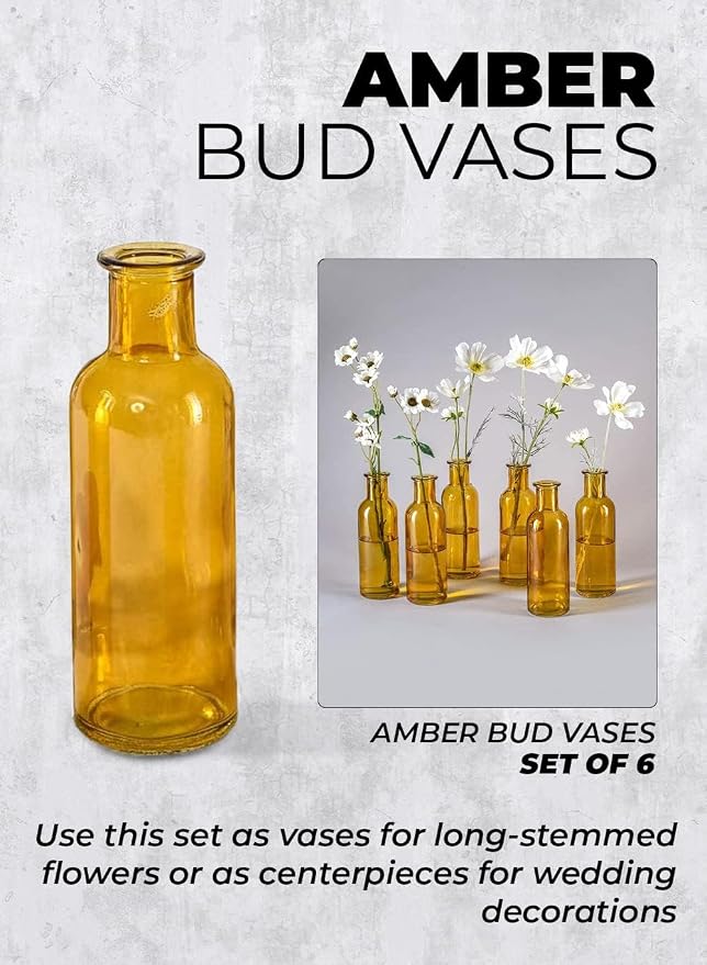 Serene Spaces Living Large Amber Bud Vases, Apothecary Jars, Decorative Glass Bottles, Centerpiece for Wedding Reception, Antique Decoration, Flower Vases, 6.5" Tall & 2" Diameter, Pack of 48