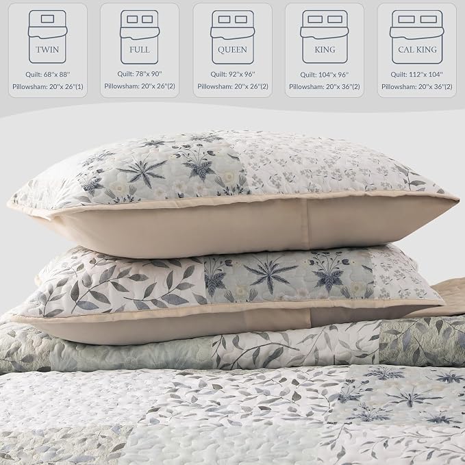 Exclusivo Mezcla Reversible Boho Quilts Full Size Gray | Lightweight Soft Bedspreads, All Season Patchwork Coverlet Bedding Set, Printed Floral Pattern, 1 Quilt and 2 Pillow Shams