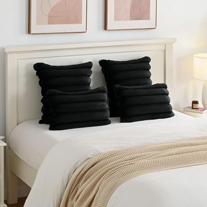 HAUSSY Pack of 2 Pillow Covers 18x18 Inch, Faux Fur Decorative Couch Throw Pillows Soft Striped Plush Cushion Covers Home Decor Cute Furry Pillowcase for Living Room Sofa Bed, Black (Covers Only)