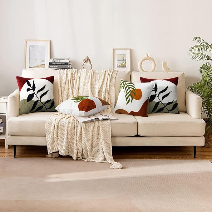 Merrycolor Boho Decorative Throw Pillow Covers 18x18 Tufted Green Decorative Pillows Covers Sun Leaf Mid Century Modern Throw Pillows for Bed Couch Sofa Living Room 1PC(Black and Red)