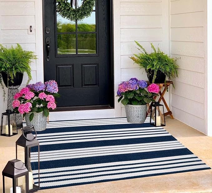 Blue and White Outdoor Rug 3'x 5'Striped Front Porch Rug Layered Door Mat | Cotton Woven Machine Washable Farmhouse Indoor Outdoor Area Rug Combined With Hello Welcome Mat