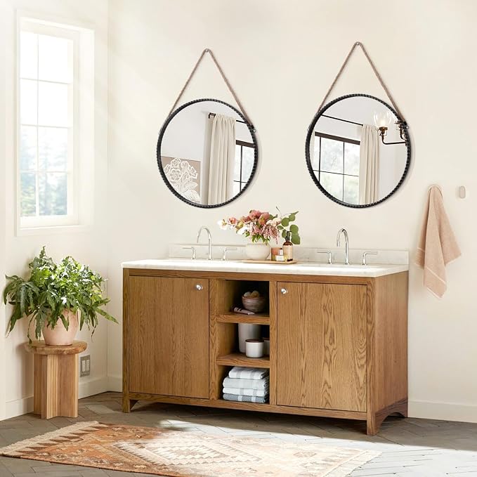 Round Hanging Mirror Metal Frame Rope Hanging Mirrors Artistic Circle Black Bead for Bedroom Bathroom Vanity Entryway Farmhouse Wall Decor Black 18"