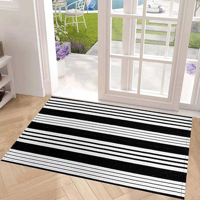 Black and White Layered Doormat 27.5"x43.3"Farmhouse Door Mat Outdoor | Machine Washable Hand-Woven Outdoor Porch Mat Combined Use With Hello Welcome Mat