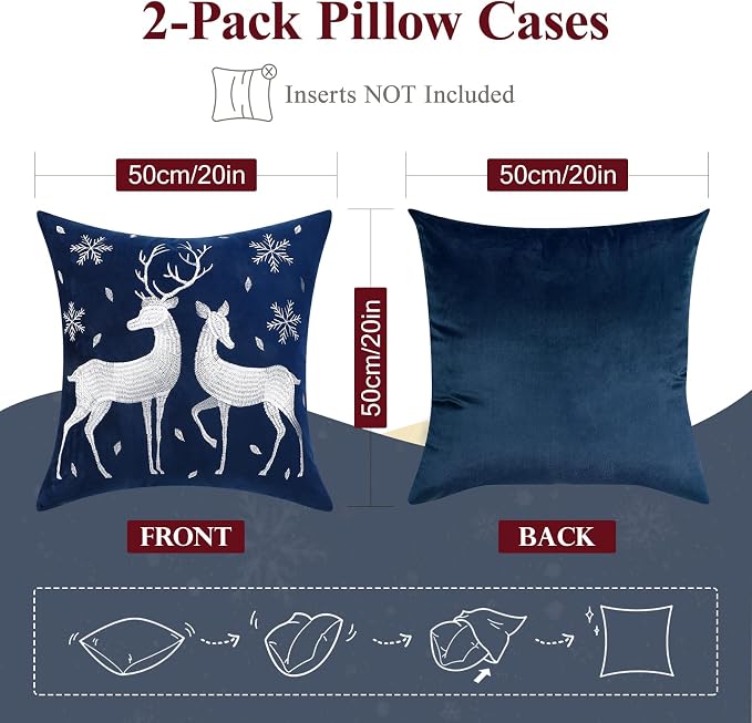 Lewondr Christmas Throw Pillow Cover, White Deer Snowflake, 20"x20", 2 Pack | Navy Blue, Soft Velvet, Embroidery Decorative, Luxurious Sofa Cushion Cover, Home Christmas Decoration