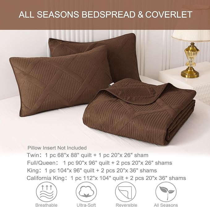 Exclusivo Mezcla Quilts Queen Size, Brown | Soft Bedspreads with 2 Pillow Shams, Modern Striped Pattern, Lightweight Bedding Set Coverlets for All Seasons, 90x96 Inch