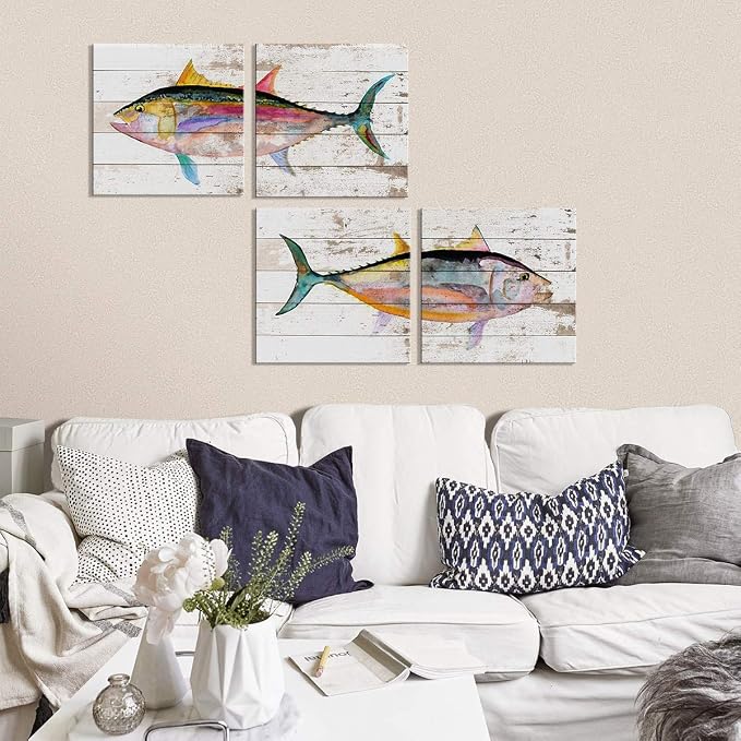 Tuna Fish Wall Decor Ocean Canvas Art Beach Bathroom Coastal Decor Rustic Fish Pictures Kitchen Nautical Sea Animal Painting Marine Life Artwork for Bedroom Dinner Room Modern Home Decorations 16x16"