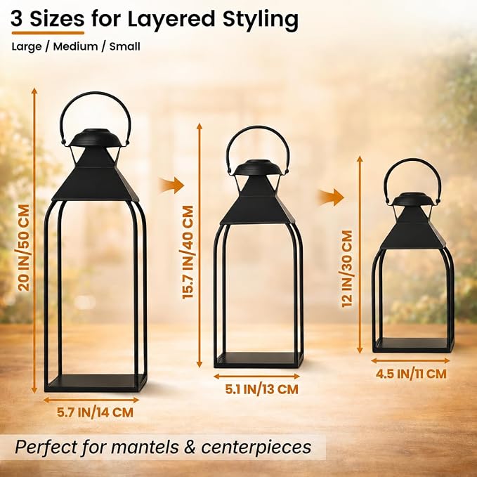 Decorative Metal Lanterns Indoor Outdoor, Set of 3 Outdoor Candle Holder | Candle Holder for Porch, Patio, Fireplace, Floor, Wedding & Christmas, Party Decoration, Holiday Table Centerpiece