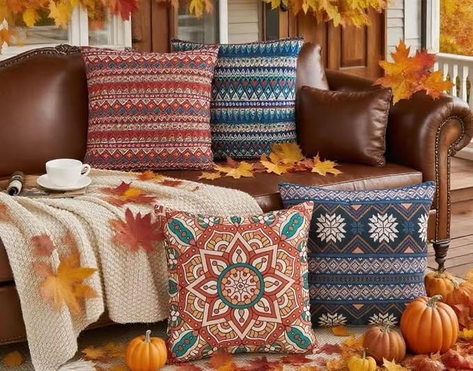 Couch Bohemian Double-Sided Patterned Throw Pillow Covers 20X20 Inch Set of 4 Square Farmhouse Decorative Cushion Covers BOHO Vintage Pillow Cases For Sofa Living Room Bedroom Outdoor Patio Porch