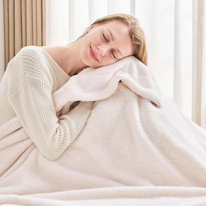 NEWCOSPLAY Knitted Throw Blanket for Couch Sofa Bed, Plush-Ivory, 60"x80" | Super Soft Plush, Fuzzy Fluffy Microfiber, Lightweight Cozy Blanket for Room Decor, All Season Use