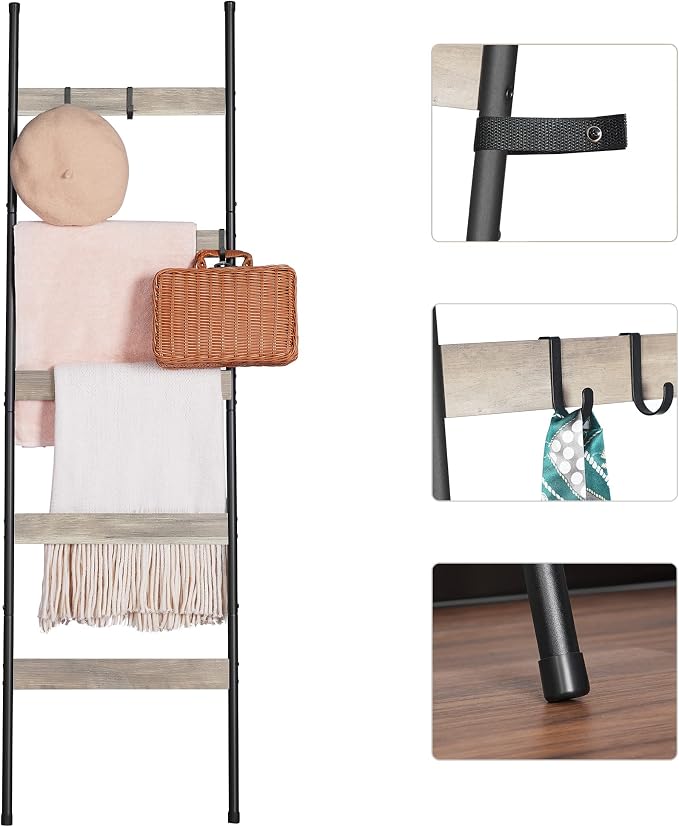 ELYKEN Blanket Ladder, 5-Tier Towel Rack, Wall-Leaning Quilt Holder | Farmhouse Wood Display Stand with 4 Hooks, Decorative Rack Shelf for Living Room, BedRoom, Bathroom, White Oak