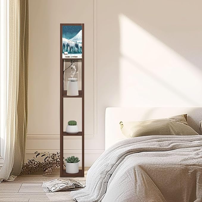 Floor Lamp with Shelves Snow Capped Mountain Wooden Cabins Crisp White Forest Standing Tall Lamp USB Ports & Power Outlet Modern Corner Lamp Nightstand Light for Living Room Bedroom