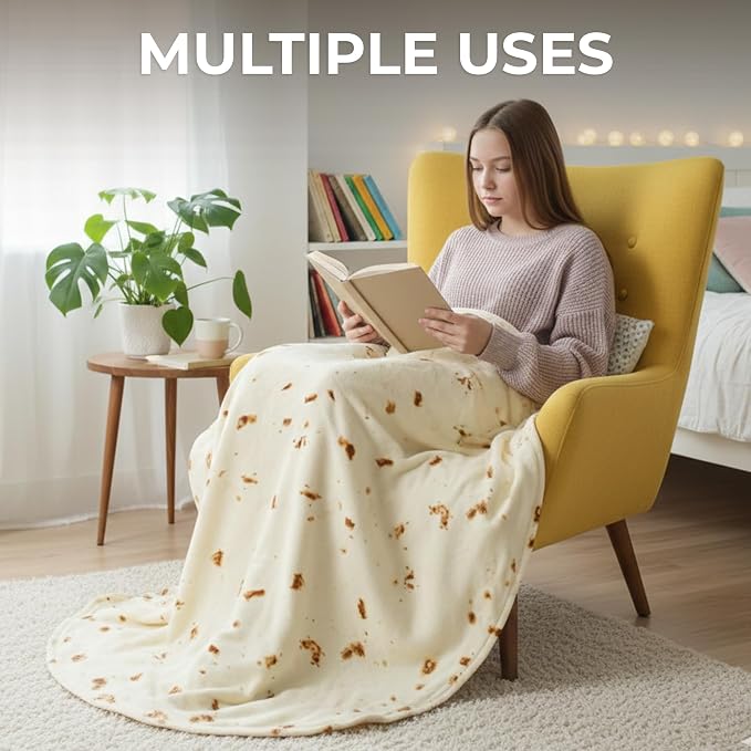 Zulay Kitchen Burrito Tortilla Blanket – Double Sided 60 Inch Round Flannel Throw Blanket – Soft 285 GSM Novelty Blanket for Adults – Fun Gift for Holidays & White Elephant Parties