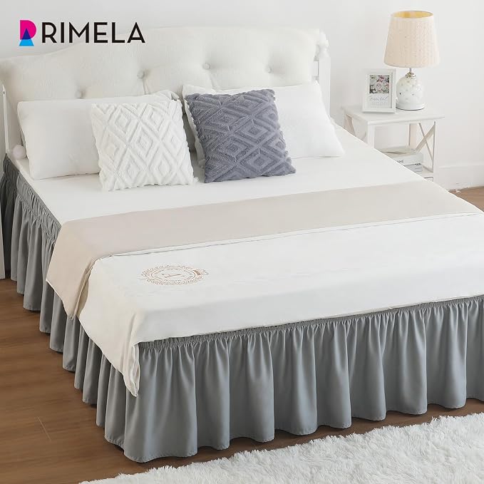 Grey Bed Skirt King Size 12 Inch Drop, Elastic Wrap Around Bedskirt | Solid Ruffled, Easy to Use, No Mattress Lifting, Wrinkle & Fade Resistant, with Adhesive Strips, Machine Wash/Dry/Iron