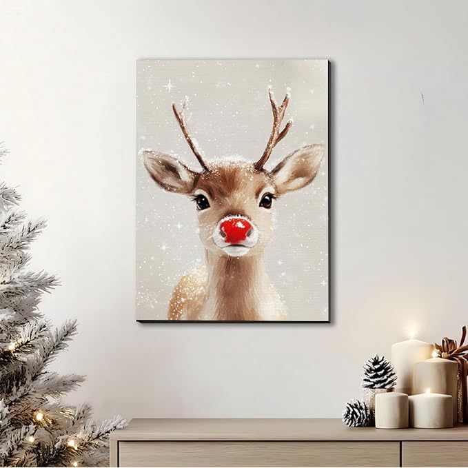 FLZYKGPA Funny Red Nose Deer Pictures Wall Decor Prints 20x30in, Cute Christmas Wall Art Decorations for Home Kitchen Bedroom Bathroom Living Room Office, Winter Cabin Canvas Decor
