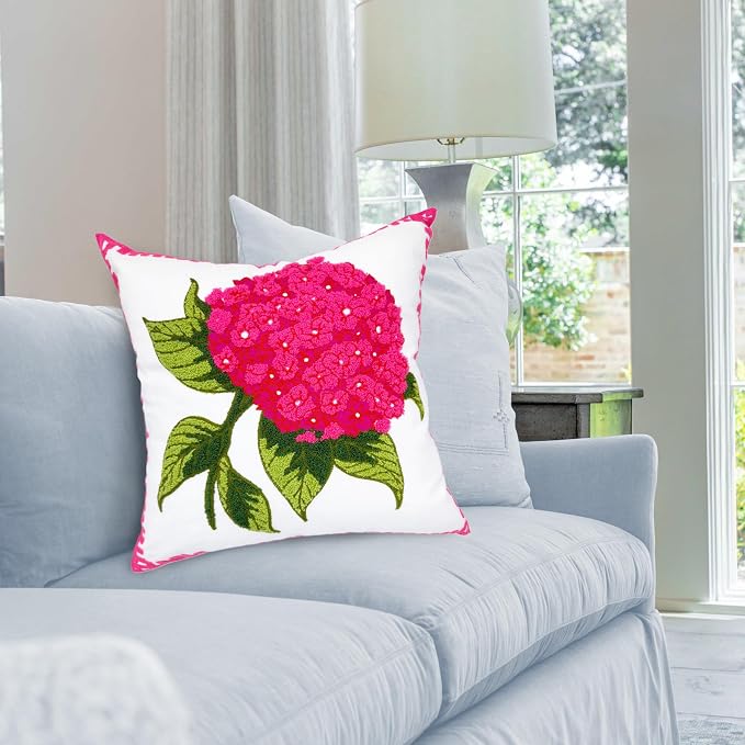 Alysheer Hydrangea Embroidered Decorative Throw Pillow Covers 18"x 18" Set of 2, Summer Floral Tufted Patterned Hot Pink Cotton Cushion Cases for Couch Bed Living Room Decor