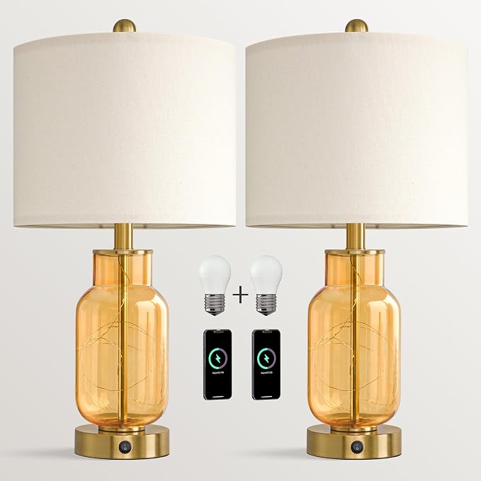 Oneach 22" Glass Table Lamps Set of 2 with Night Light for Bedroom, Amber