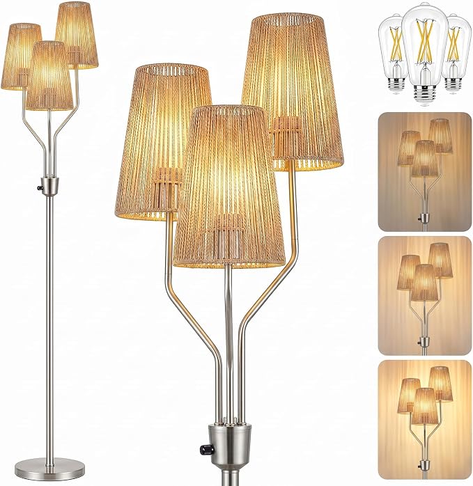 Bairth Boho Floor Lamp, Farmhouse Rattan 3-Light Floor Lamp for Living Room