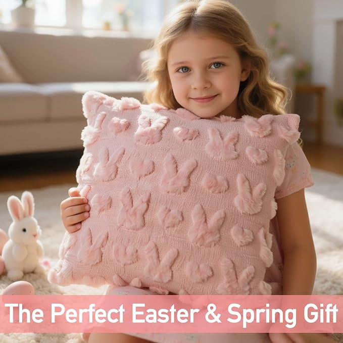 ONFAON Easter Decorations-Easter Pillow Covers 18x18 inch Set of 2 Soft Plush Faux Wool Pink Throw Pillows for Bedroom Sofa Holiday Festivals Home Decor