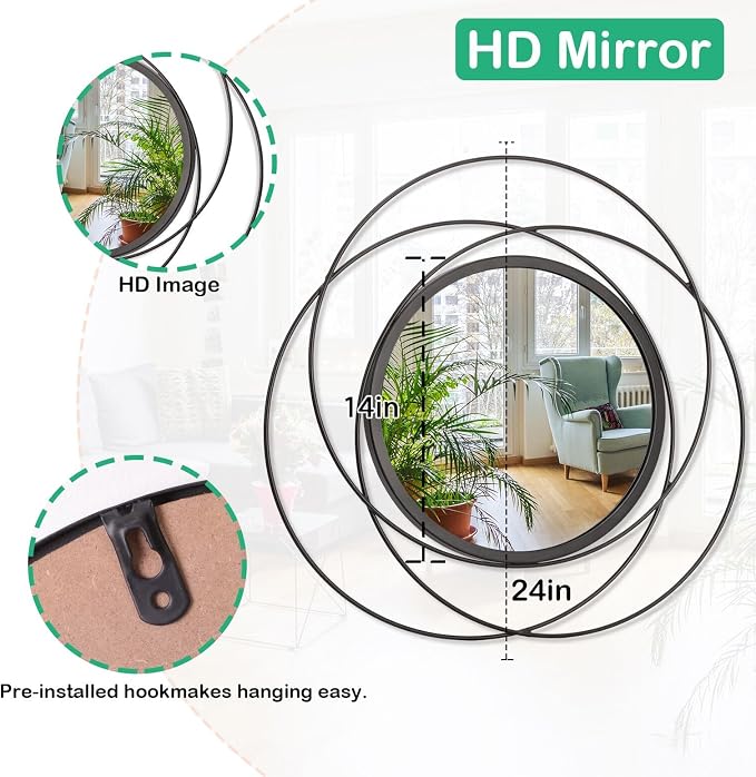 Black Circle Mirror Mounted Round Decorative Mirrors Circle for Bathroom Vanity, Living Room or Bedroom Entryway 24" x 24"