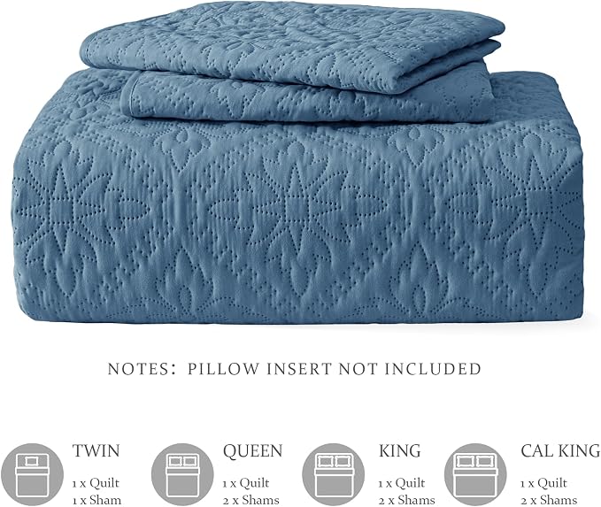Exclusivo Mezcla California King Quilt Set, Grayish Blue | Lightweight Soft Bedspreads Coverlets, All Season Bedding with 2 Pillow Shams, Modern Style for Bedroom Guest Room
