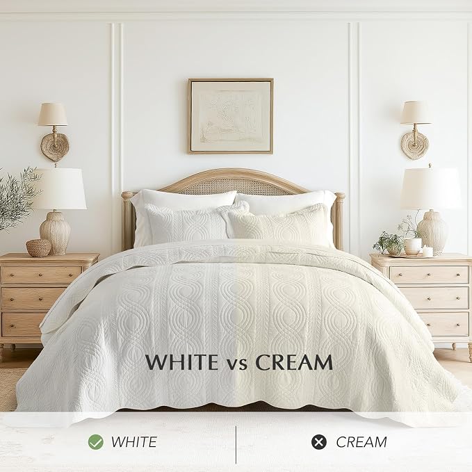 EverGrace 100% Cotton Scallop Quilt Set, King Size, Bright White | Scalloped Border, Timeless Chic Aesthetic, All-Season Comfort, Perfect French Country Bedroom Decor, 3 Piece Set with 2 Shams