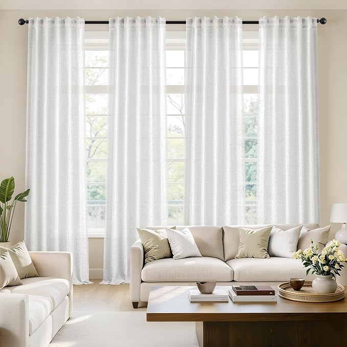 MIULEE White Back Tab Linen Curtains 4 Panels 42W x 96L | Linen material, light filtering, rod pocket back tab hanging, farmhouse decor for living room bedroom