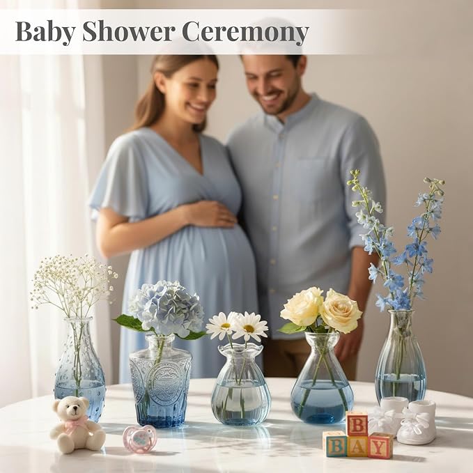 BEAHOT Bud Vase in Bulk - Flower Vases for Wedding Decorations, Glass Vase for Table Decorations, Small Vase for Home, Mother's Day, Centerpieces, Party, Office (32pack,Blue)